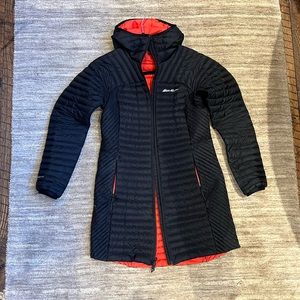 Women’s Eddie Bauer Long Black Down Coat Size Small Full 2 way Zipper